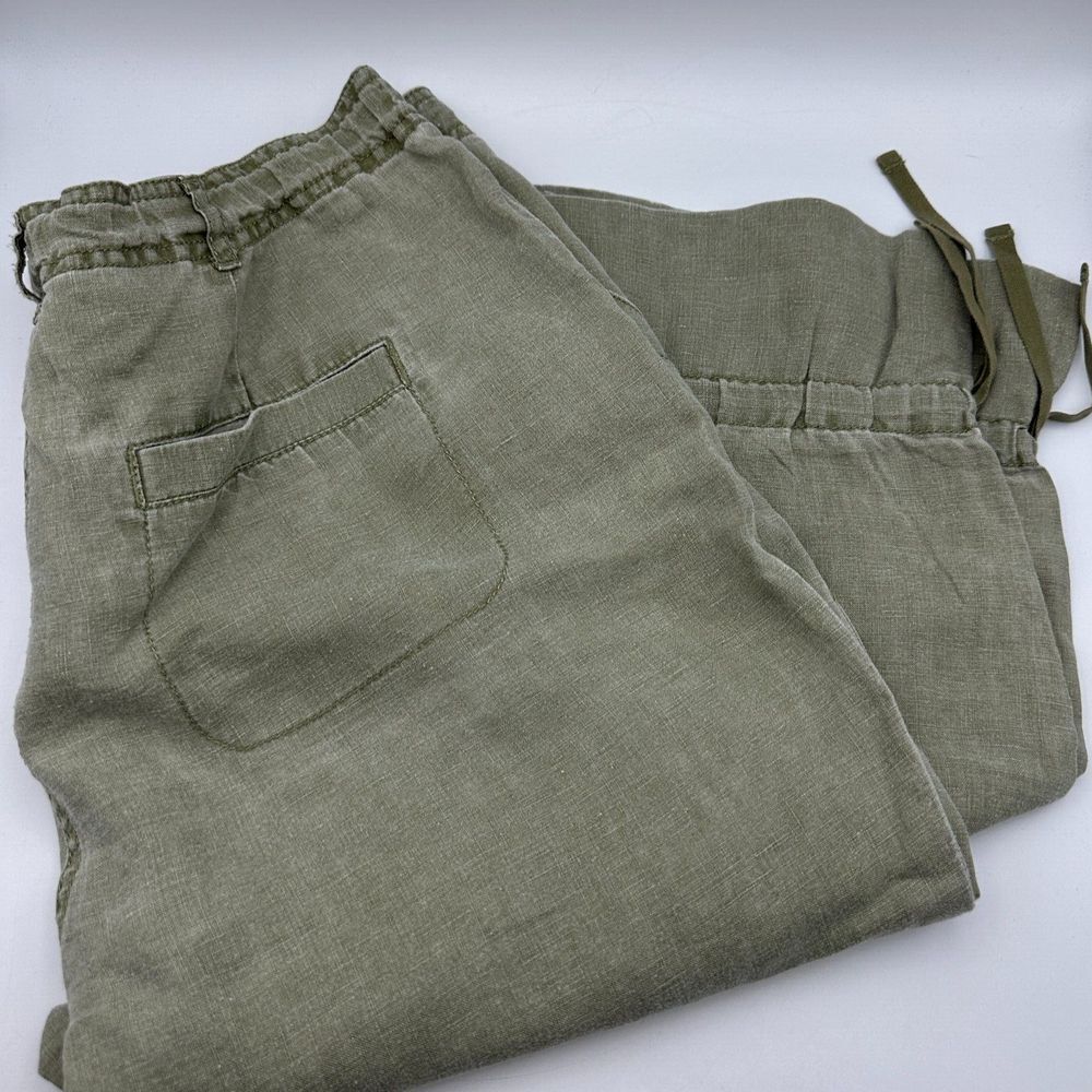 J.Jill‎ Regular Fit Casual Straight Linen Pants Womens 12 Green Drawstring Hem